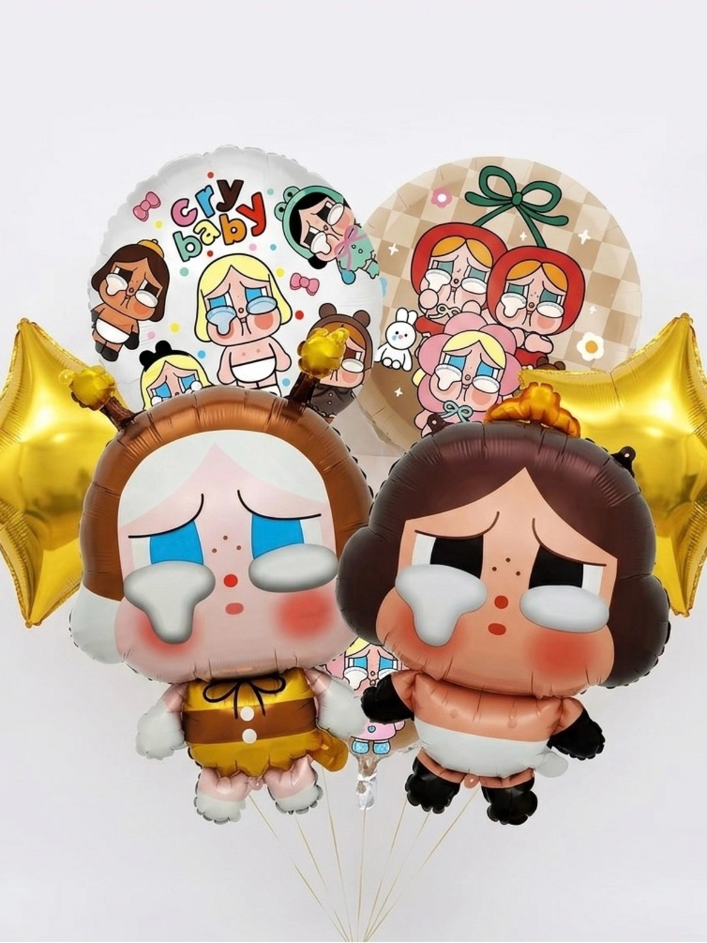 Cute Crying Baby Character Balloon Bouquet - Pink, Brown & Gold